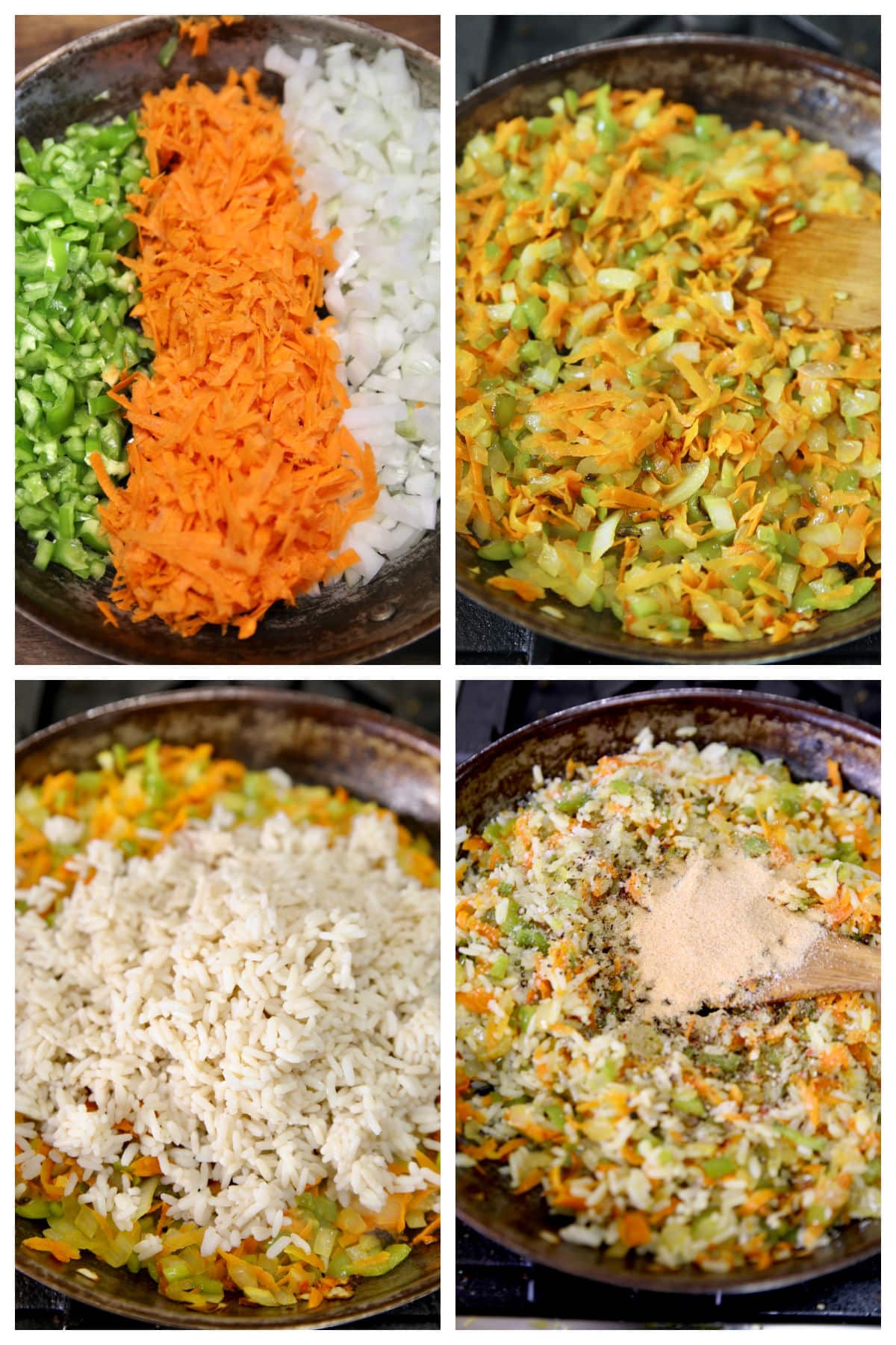 Cooking vegetables and rice for rice pilaf filling for casserole.