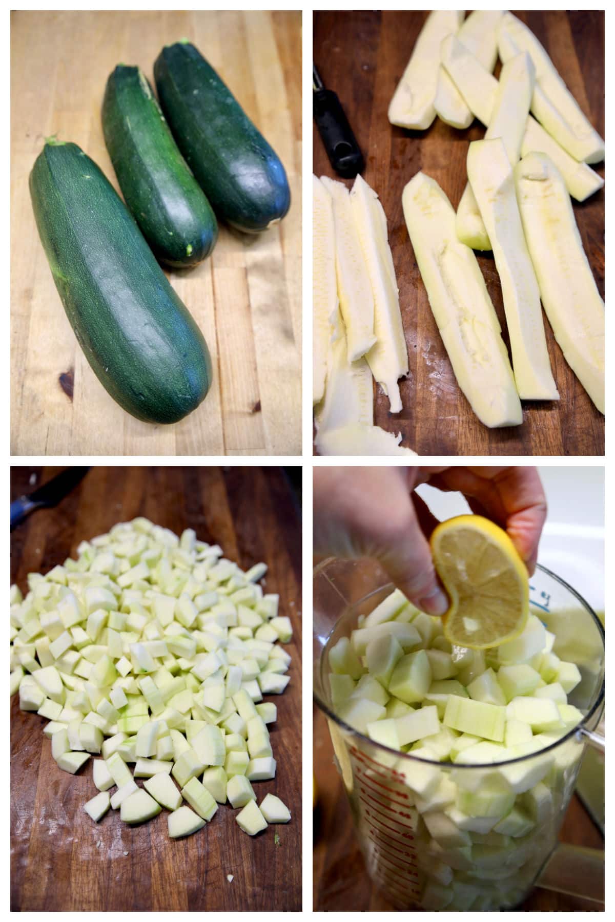 Peeling, coring and dicing zucchini, squeezing lemon juice over.