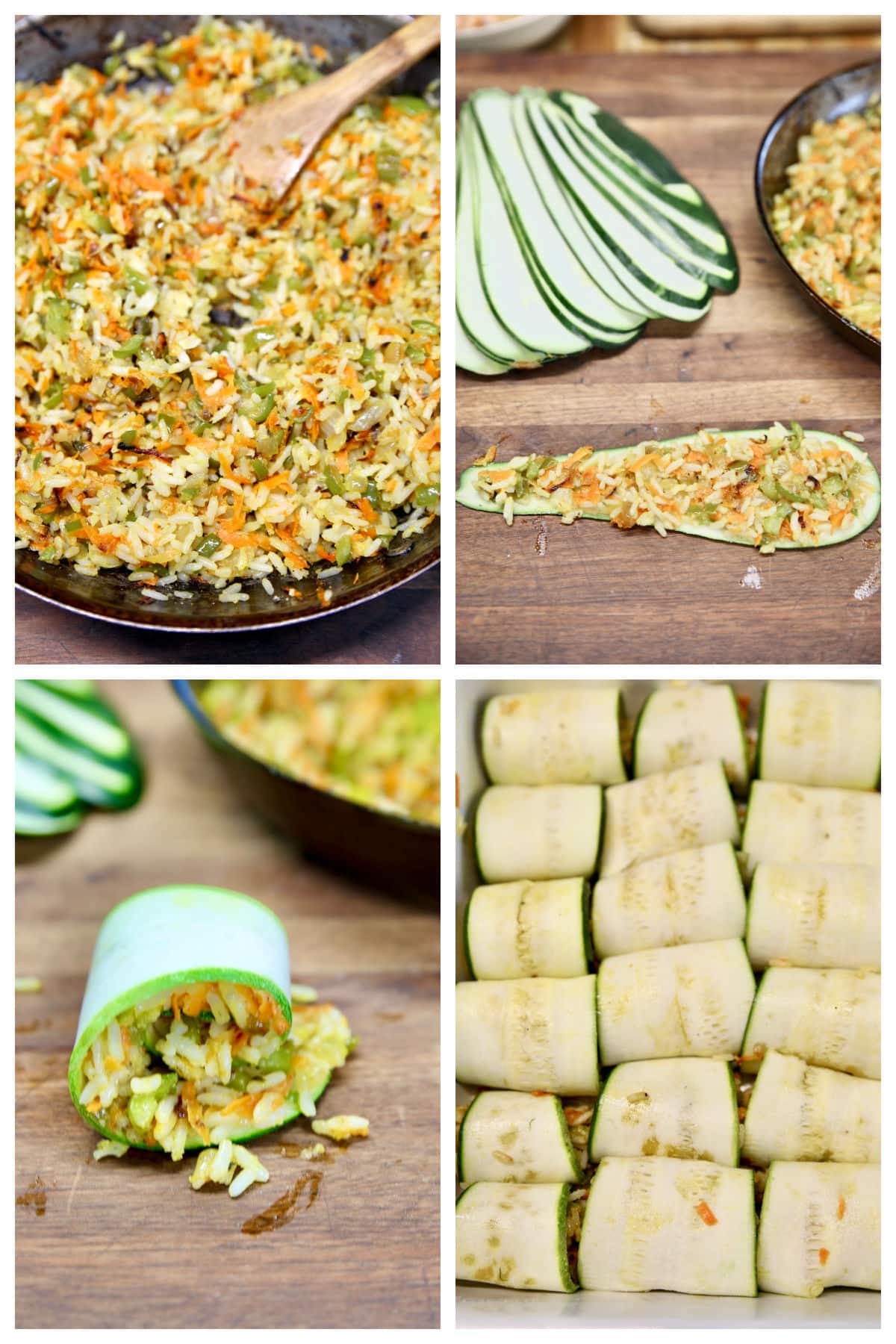 Collage: making zucchini casserole with rice filling.