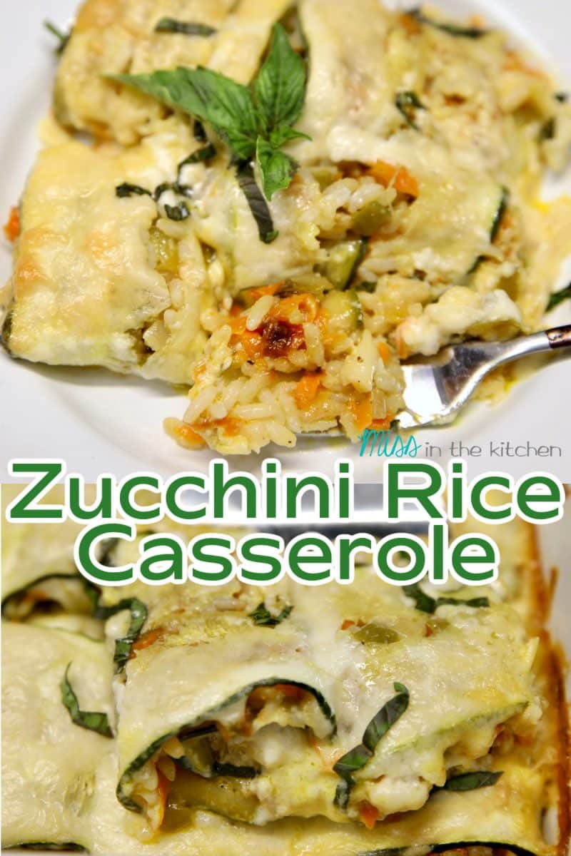 Collage: zucchini rice casserole, plated/on spatula. Text overlay.
