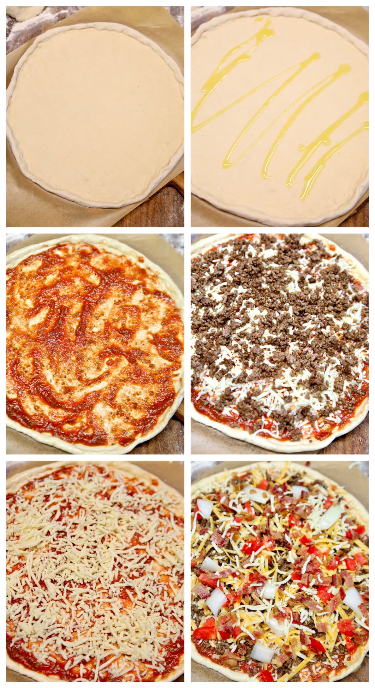 Collage making bacon cheeseburger pizza.