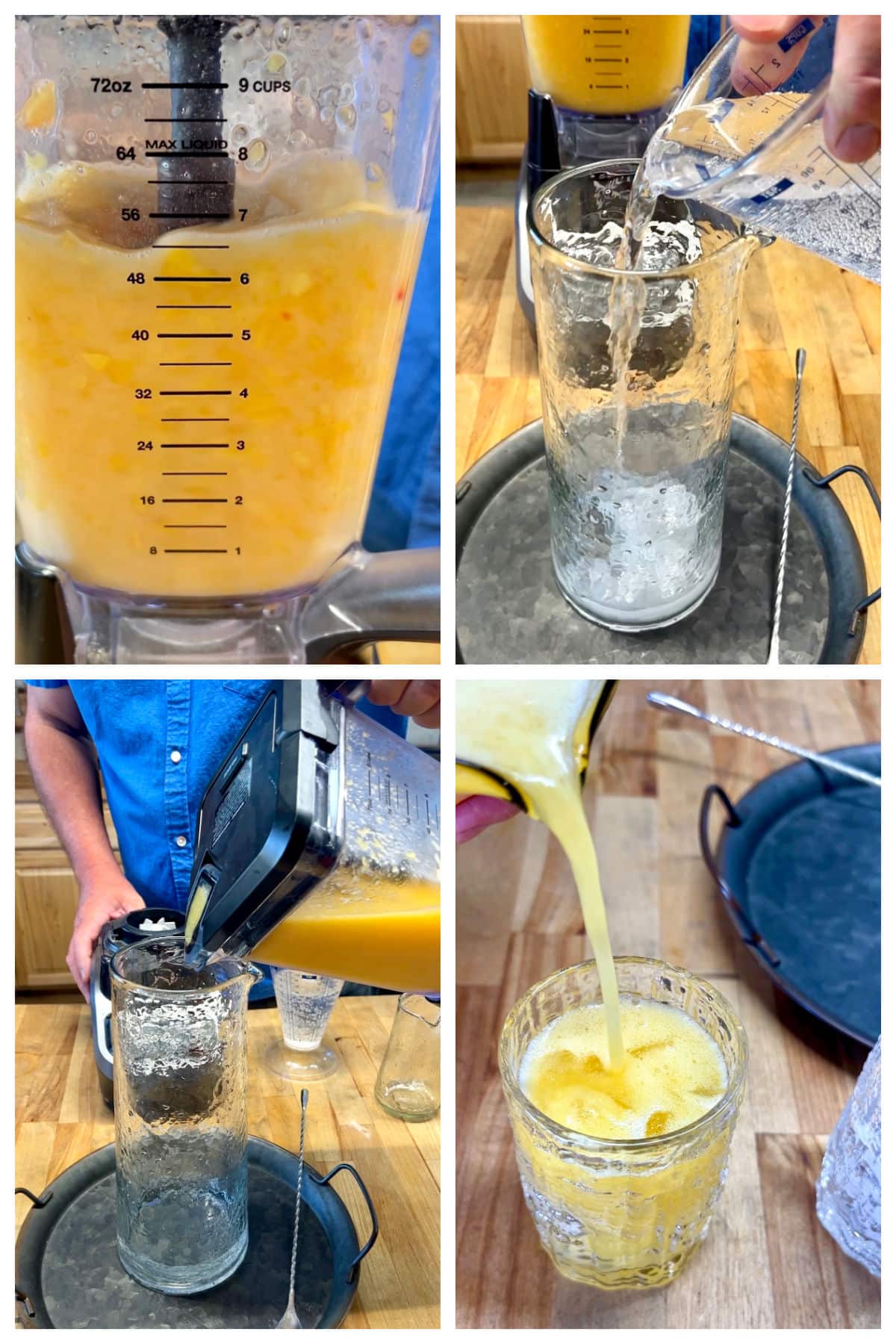Collage of blended moscato peach and mango cocktail, pouring into glasses.