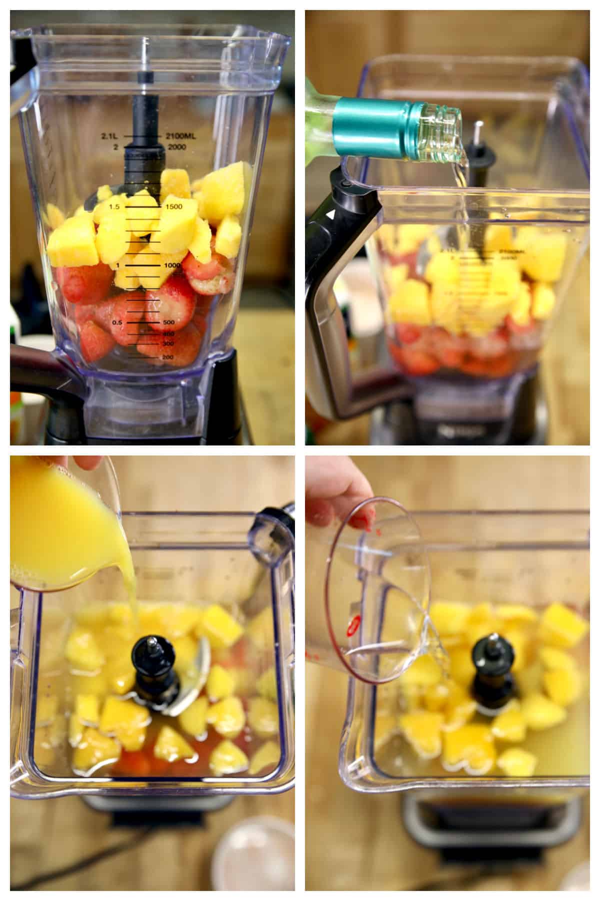 Collage making strawberry mango wine coolers in a blender.
