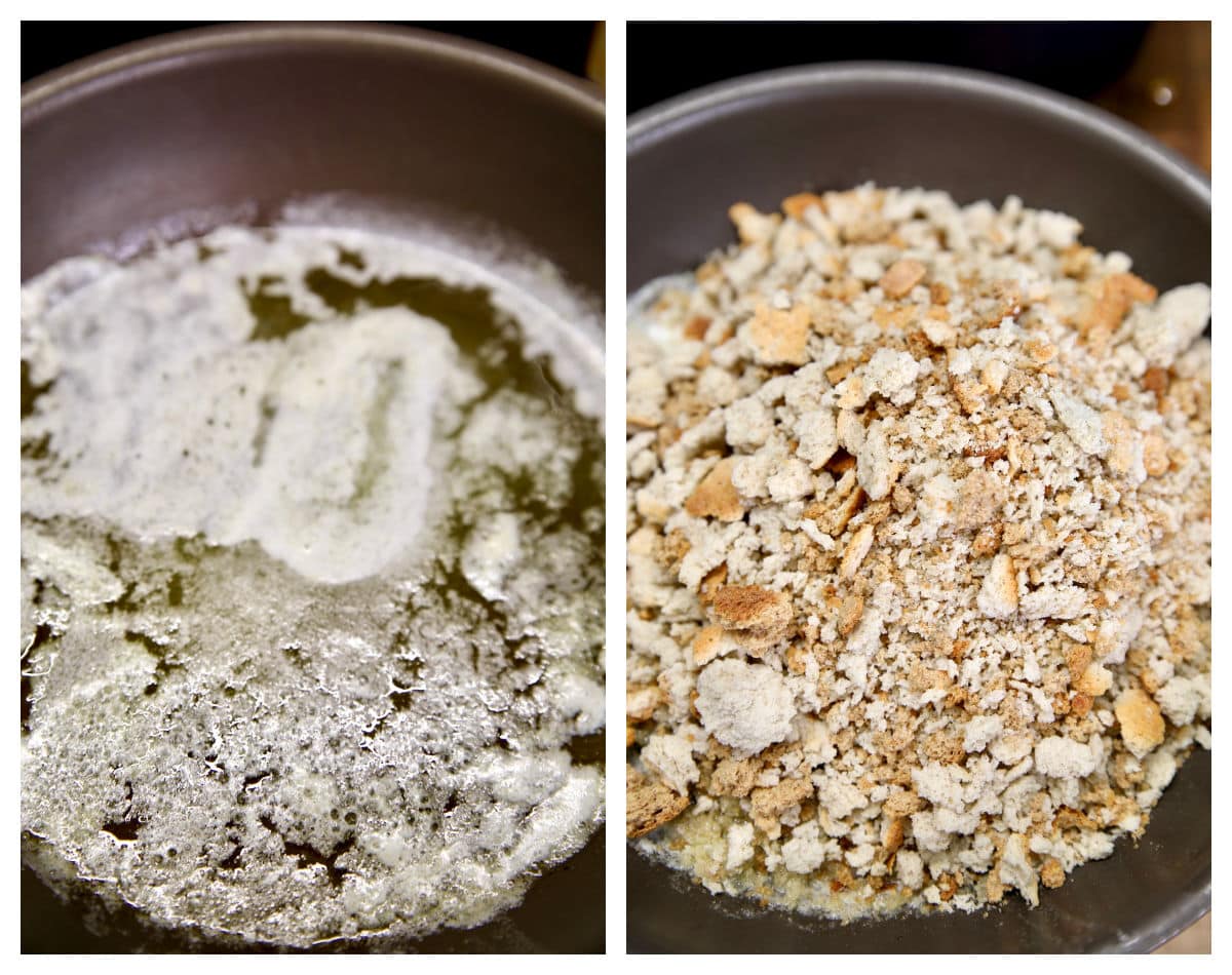 Collage of butter and stuffing mix.