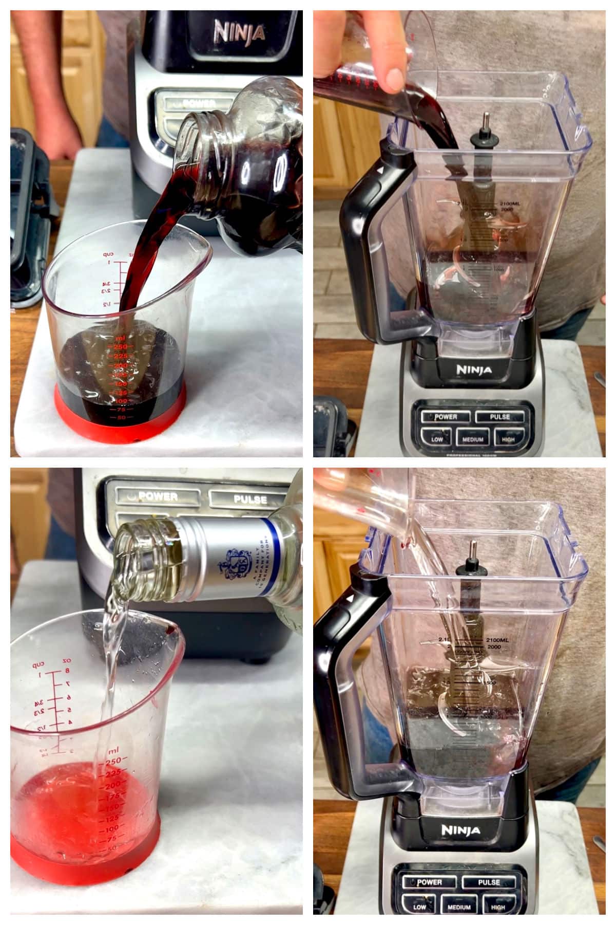 Making black cherry margaritas in a blender- collage.