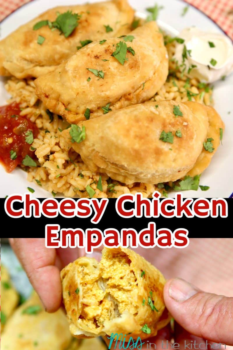 Cheesy chicken empanadas collage with text overlay.