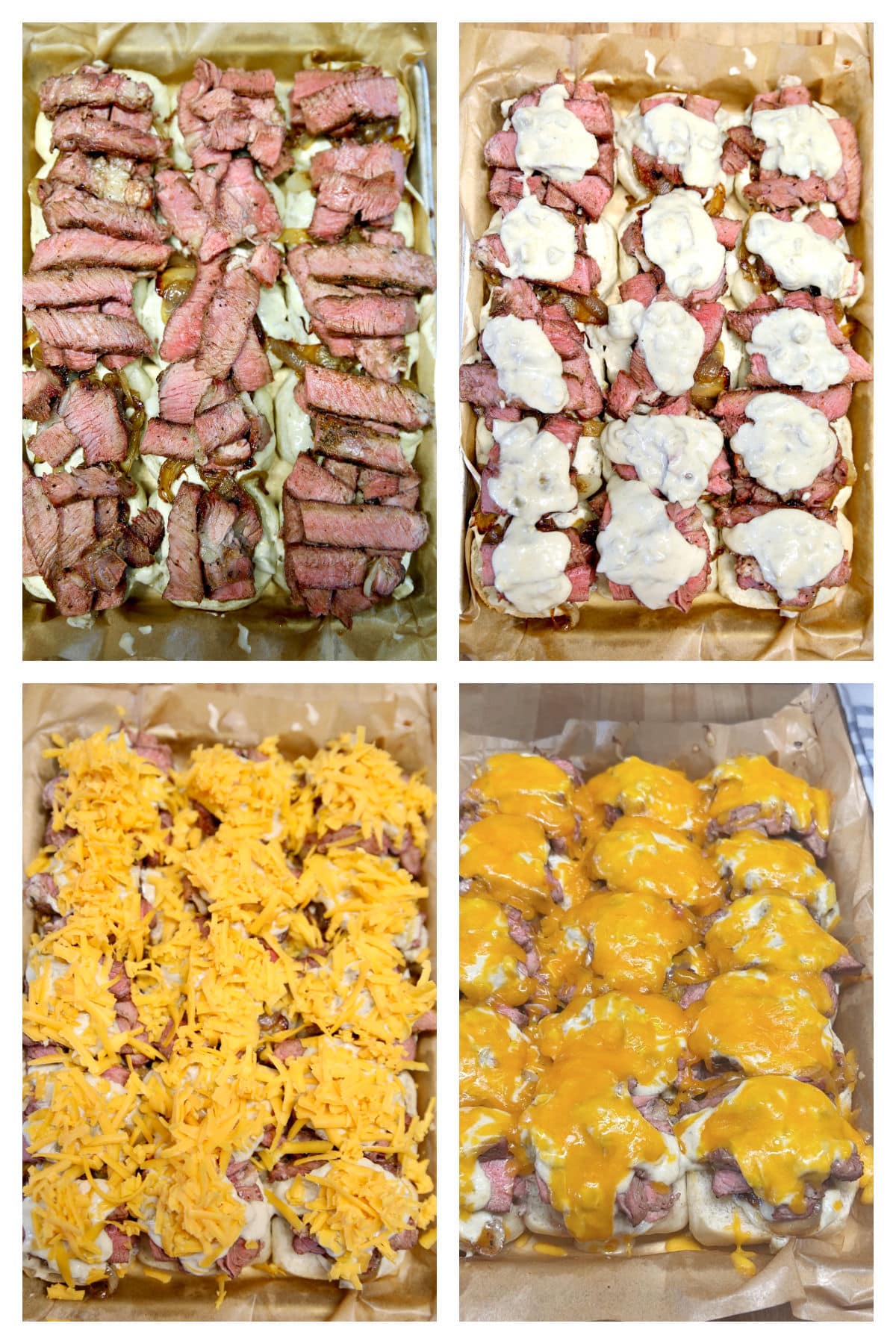 Collage making steak sliders with green chile sauce and cheddar cheese.