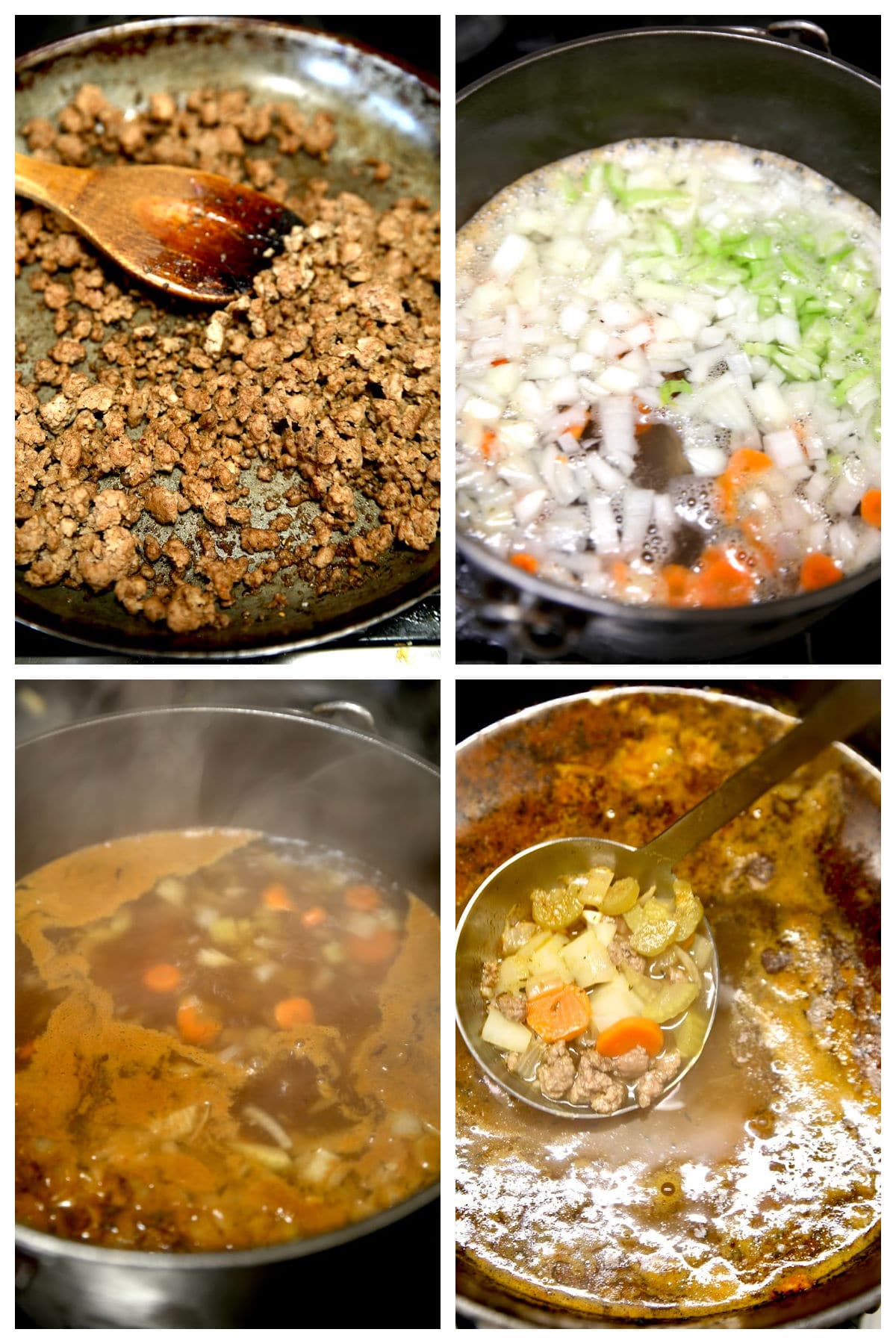 Collage making ground beef vegetable soup.