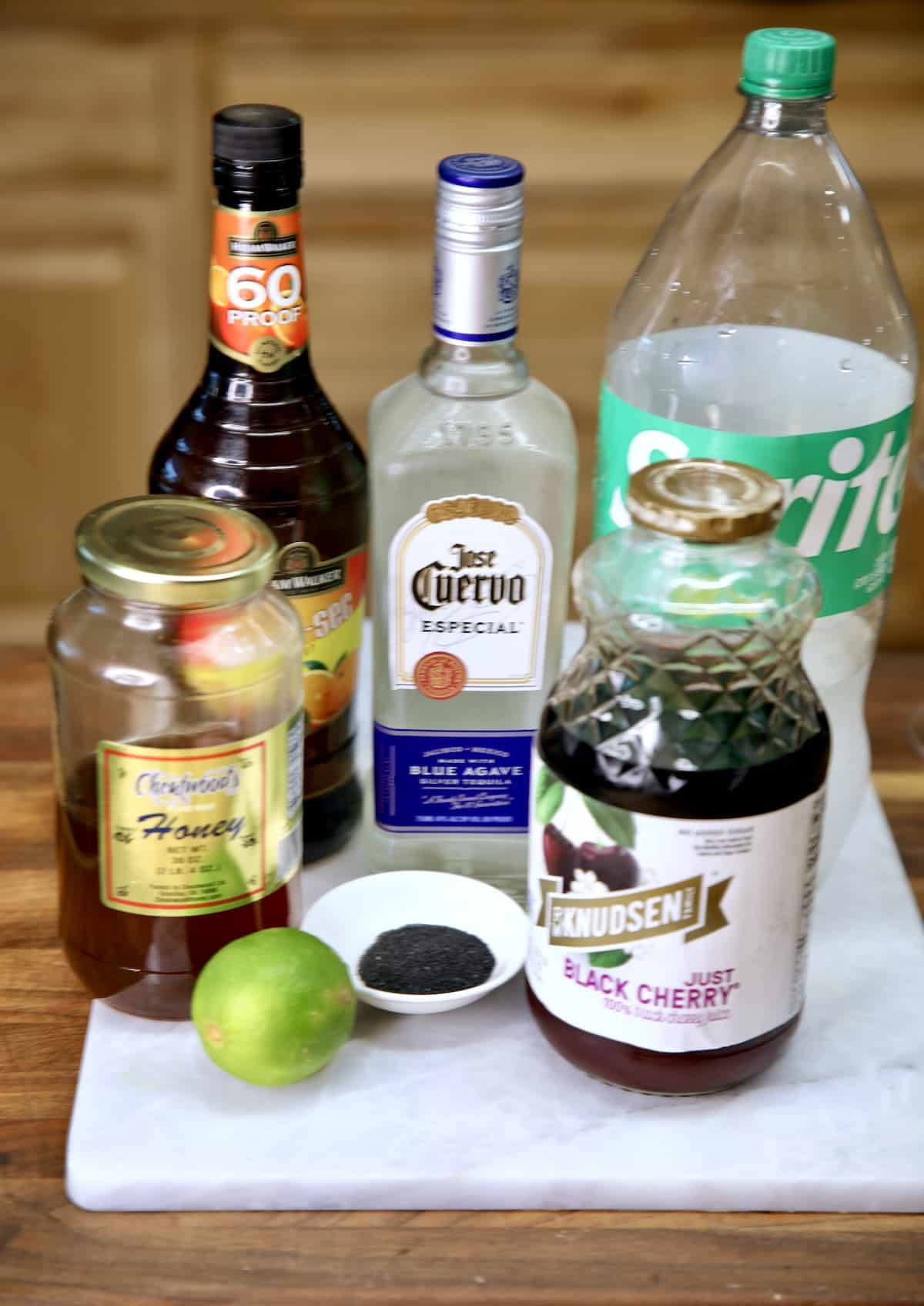 Ingredients for cherry margaritas.