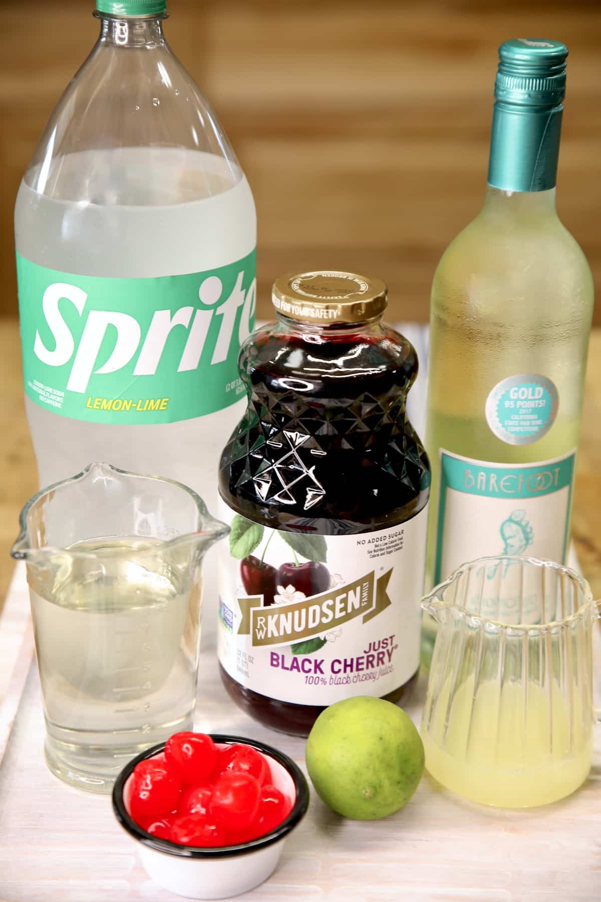 Ingredients for cherry limeade moscato punch.