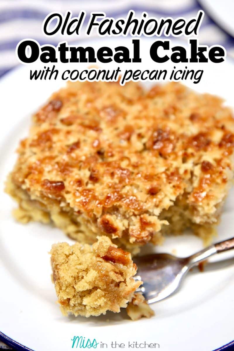 Slice of oatmeal cake with bite on a fork, text overlay.