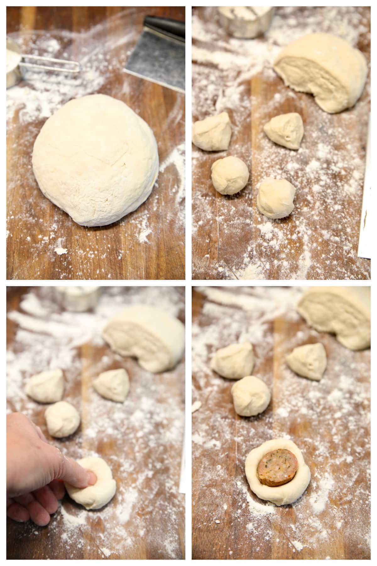 Shaping pizza dough into appetizer bites with smoked sausage slices.