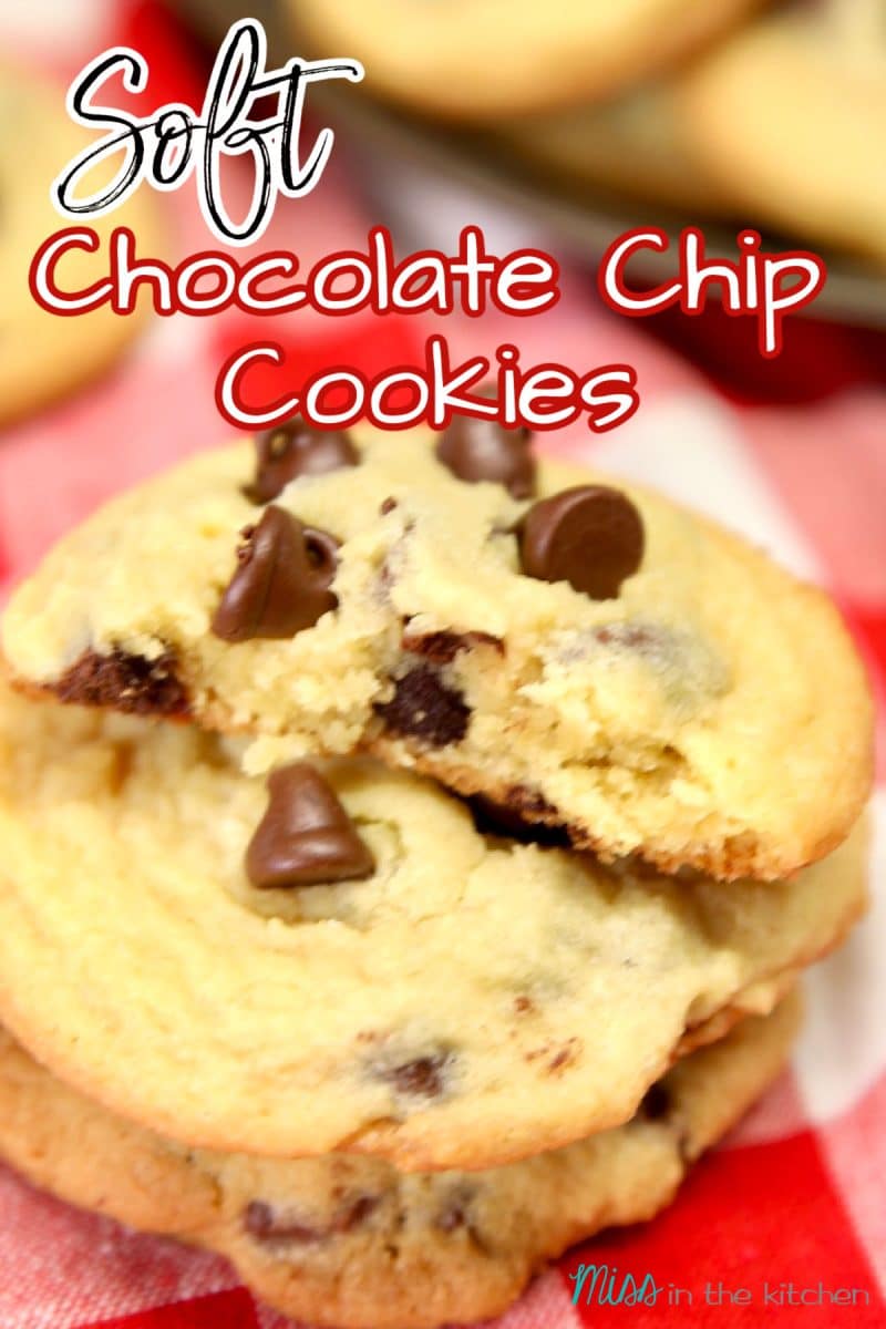 Chocolate chip cookies stacked, text overlay.