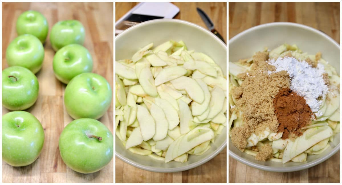 Collage: granny smith apples, sliced in a bowl, bowl with apples, brown sugar & cinnamon.