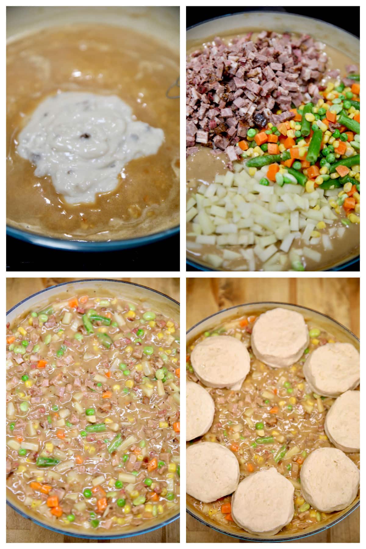 Collage making beef pot pie with biscuits. 