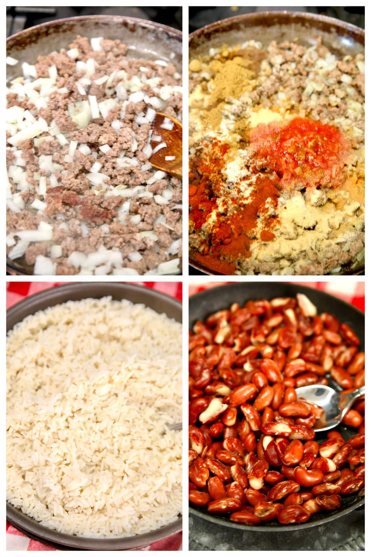 Collage making ground beef burrito bowls with rice and beans.