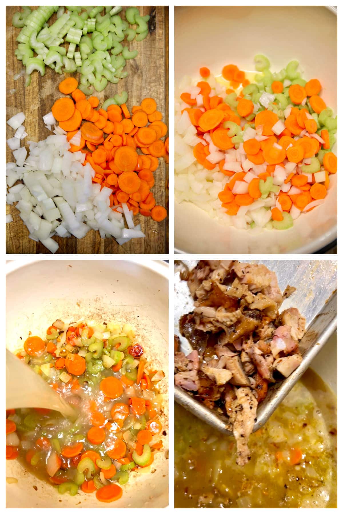 Collage cooking vegetables, adding broth and chicken to a pot.