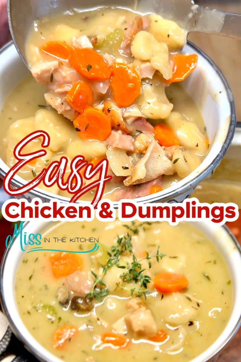 Collage serving chicken and dumplings/ bowl. Text overlay.