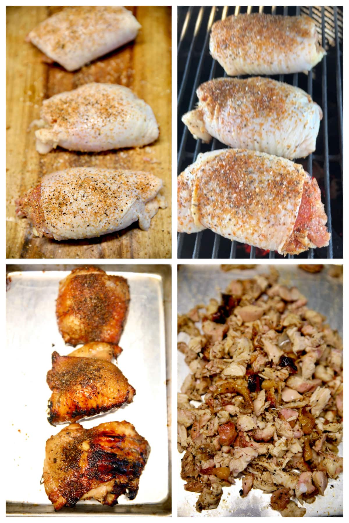 Collage grilling chicken thighs and chopping for chicken and dumplings.