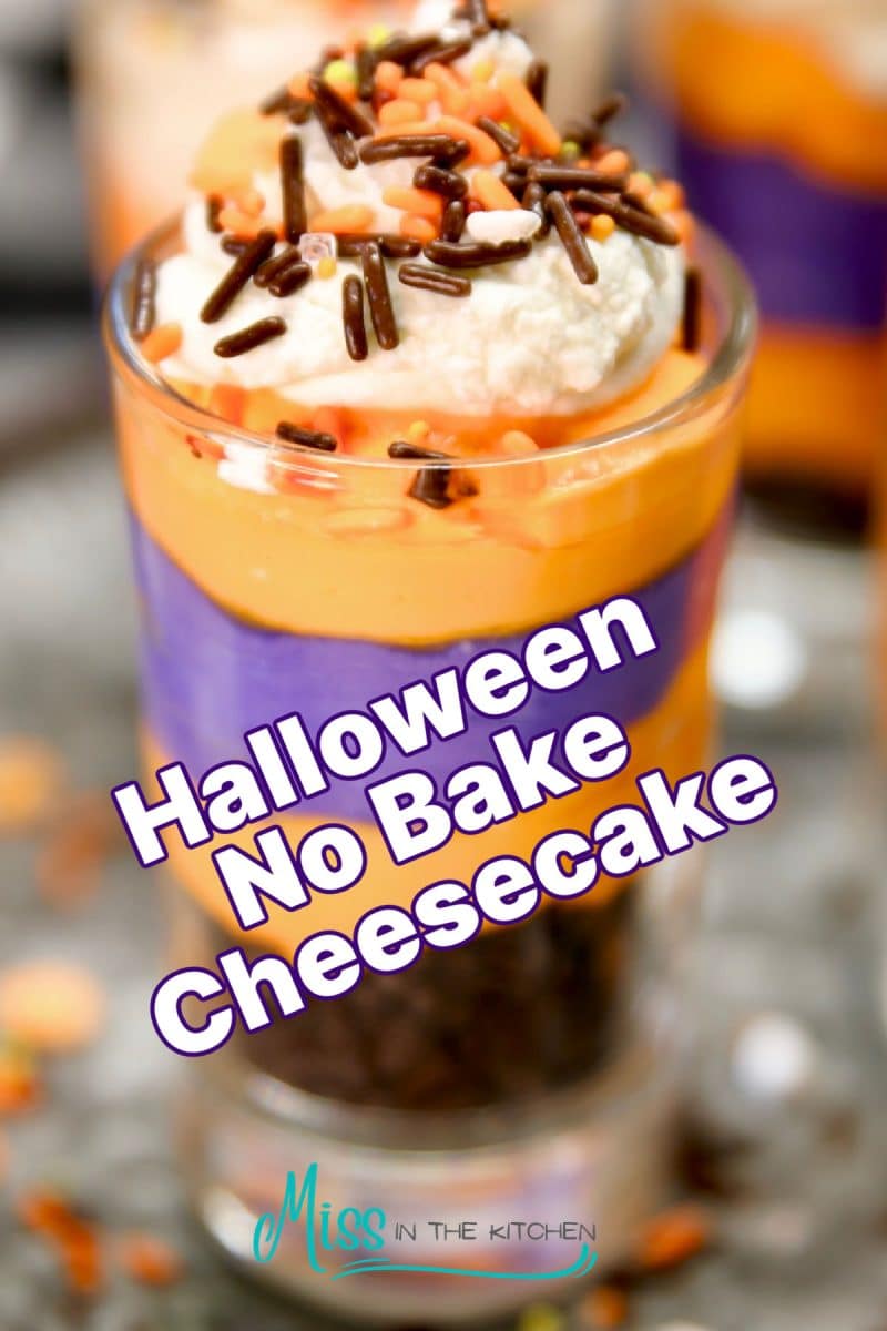 Halloween No Bake Cheesecake in a glass with sprinkles. Text overlay.