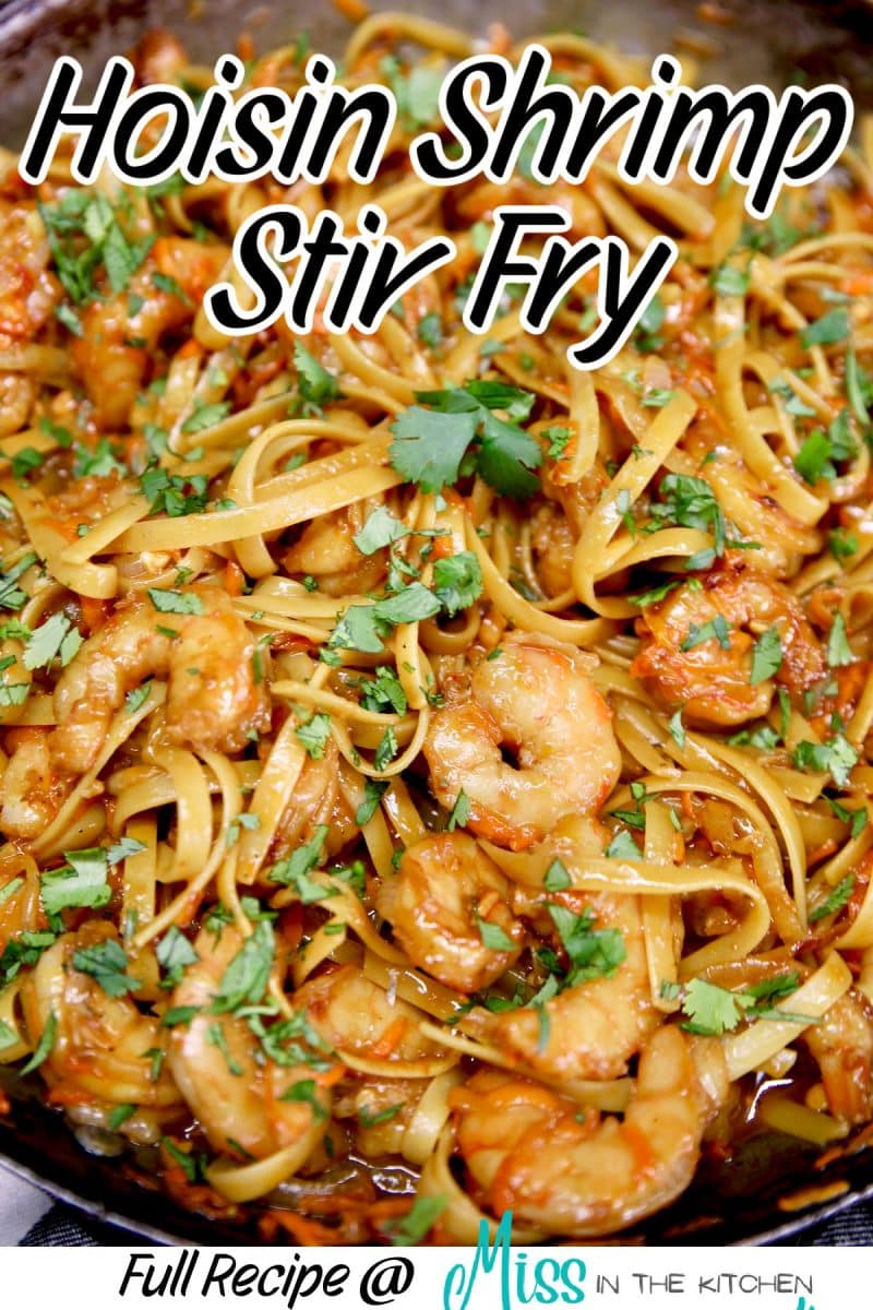 Skillet of stir fry noodles and shrimp - text overlay.