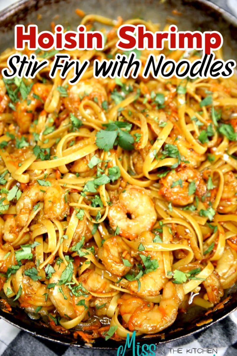 Hoisin Shrimp Stir Fry with noodles in a skillet - text overlay.