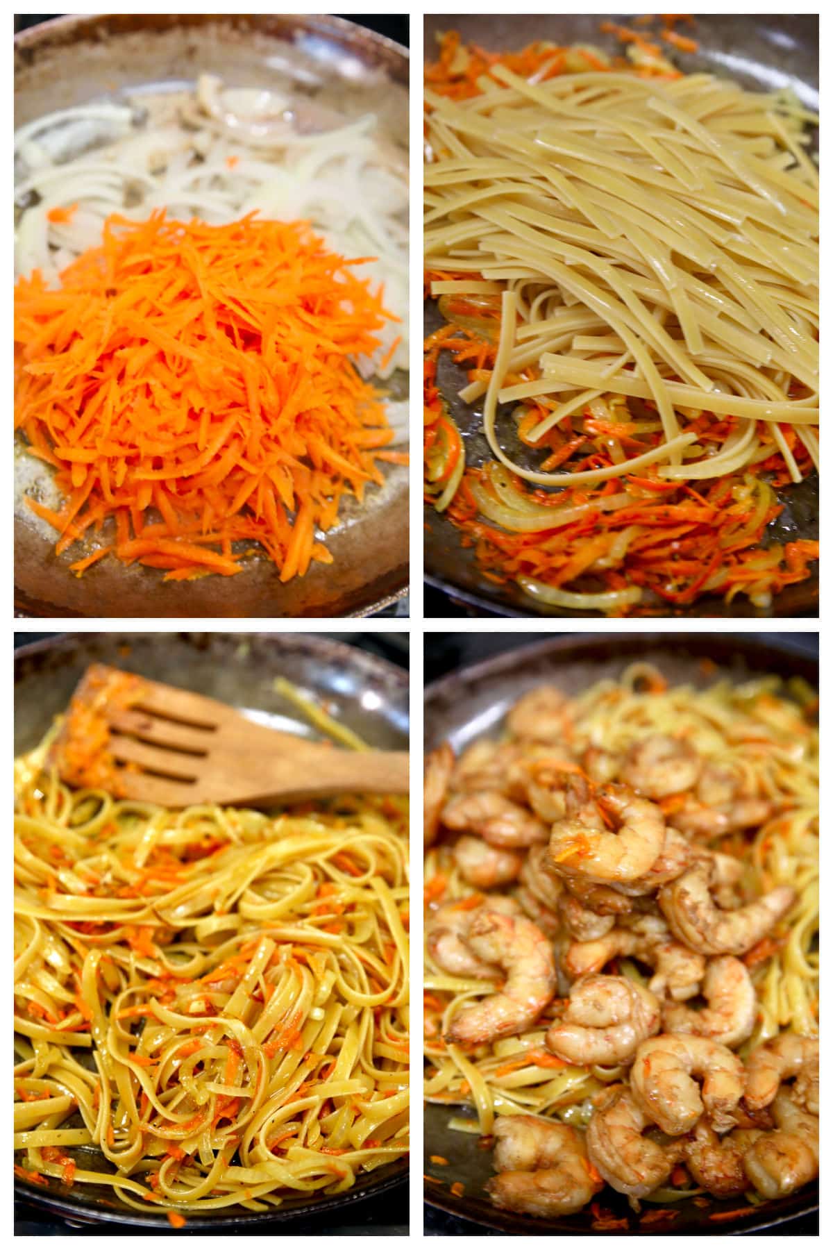 Collage: stir frying onions and carrots, adding pasta, shrimp.