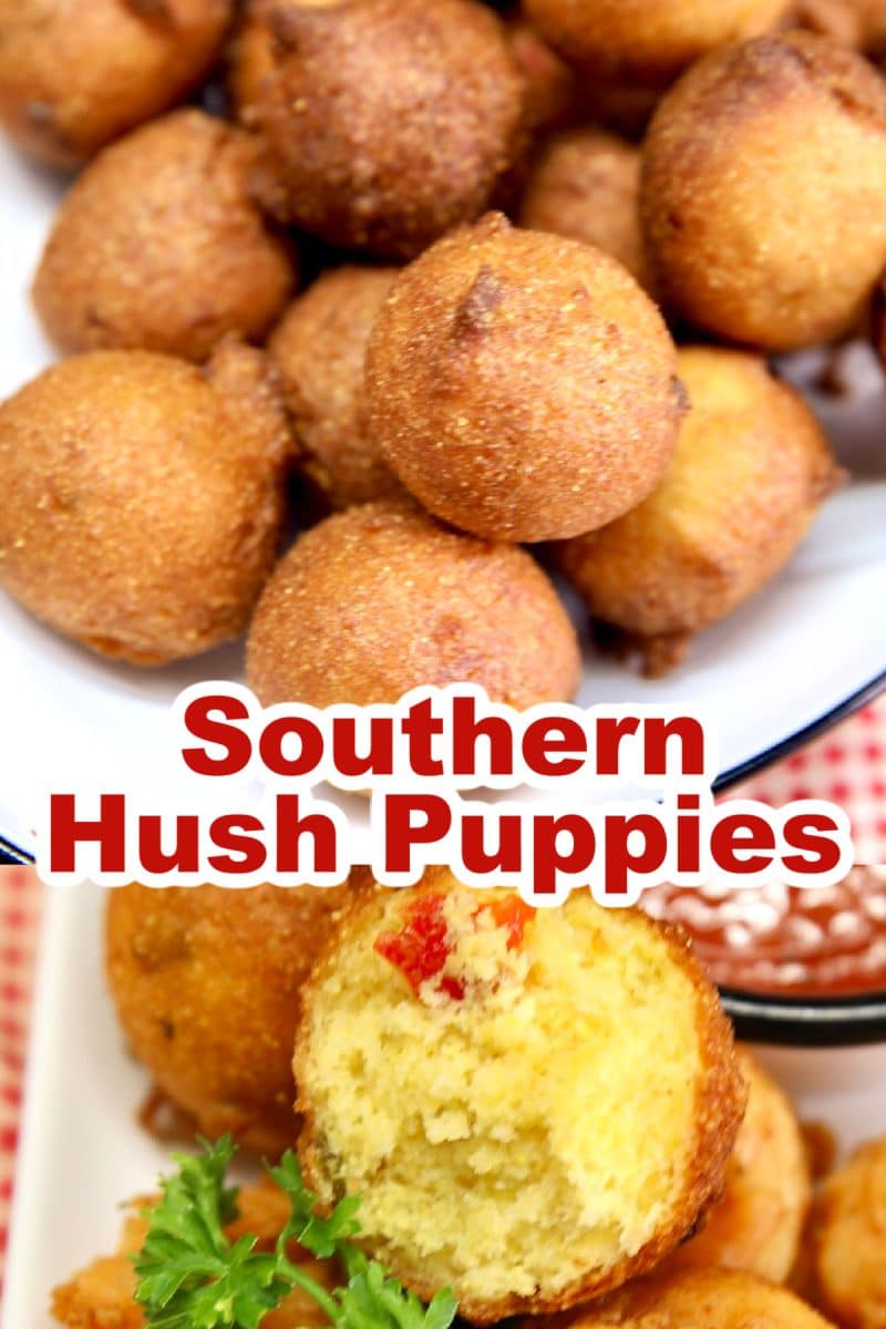 Collage of hush puppies - on a platter/ cut in half to show inside.