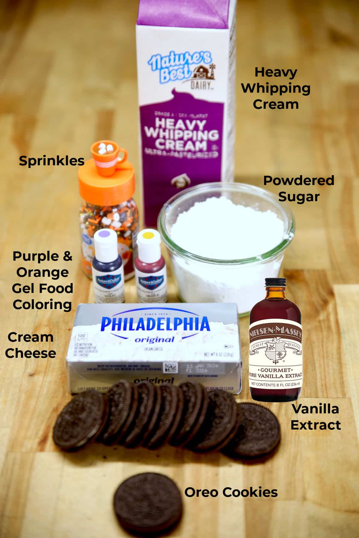 Ingredients for no bake Halloween cheesecakes.
