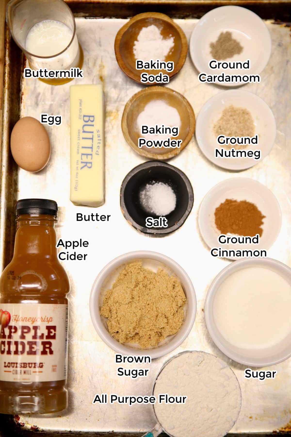 Ingredients with labels for apple cider donuts.