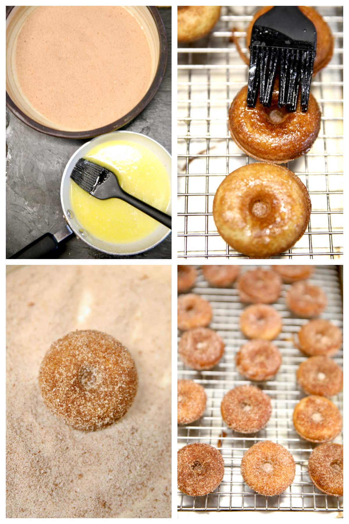 Collage: cinnamon sugar/melted butter, brushing over donuts, rolling in sugar mixture.