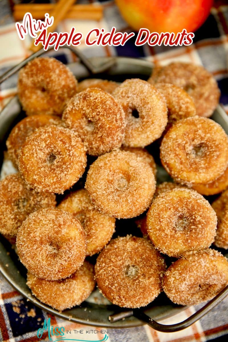 Apple cider donuts on a platter - text overlay.