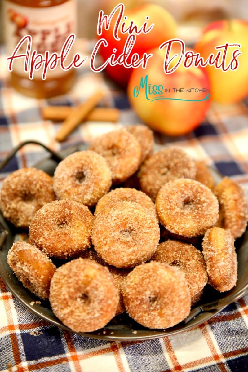 Apple cider donuts with text overlay.