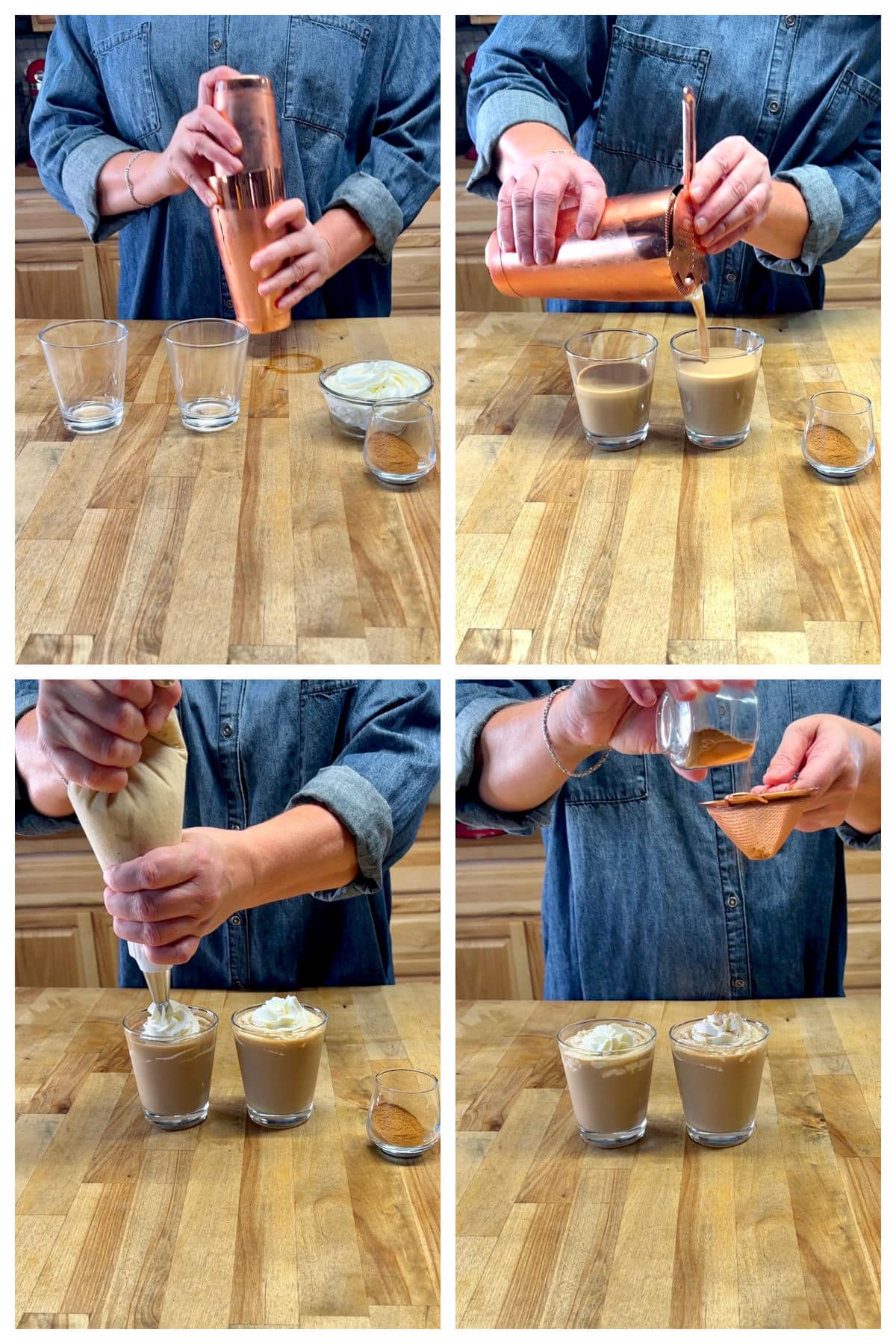 Collage shaking and pouring pumpkin spice cocktail.
