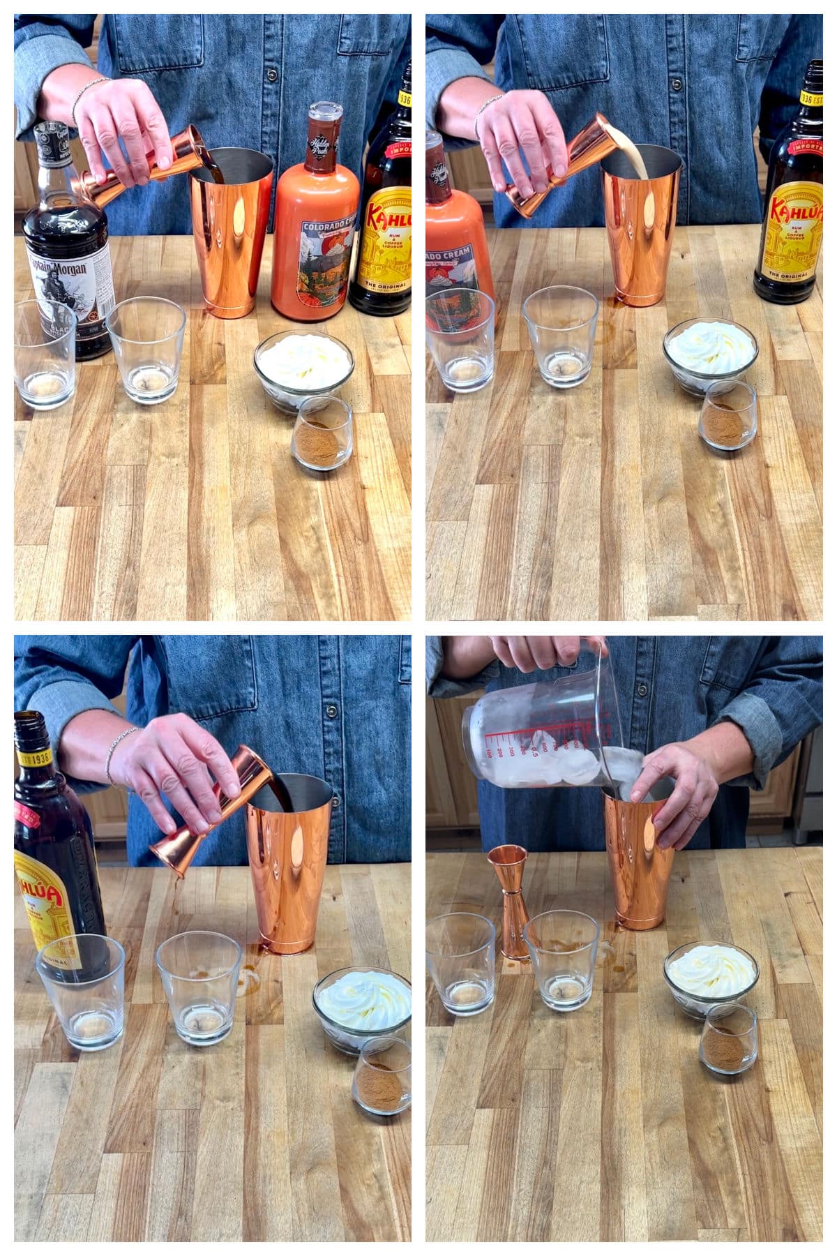Collage making pumpkin spice mudslide cocktail in a shaker.