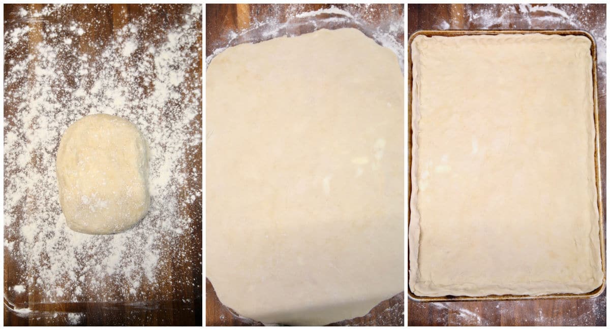 Collage: Rolling out pie crust for slab pie.