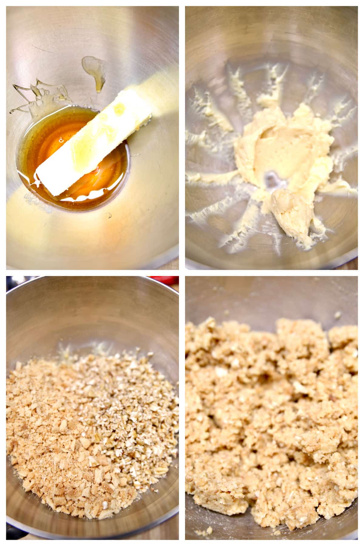 Making bourbon balls with butter, honey, pecans and cookie crumbs.