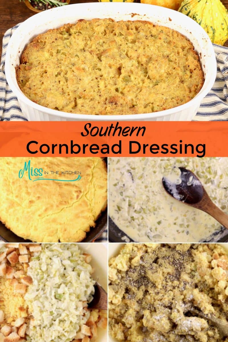 Collage: Cornbread dressing in a pan/step by step.