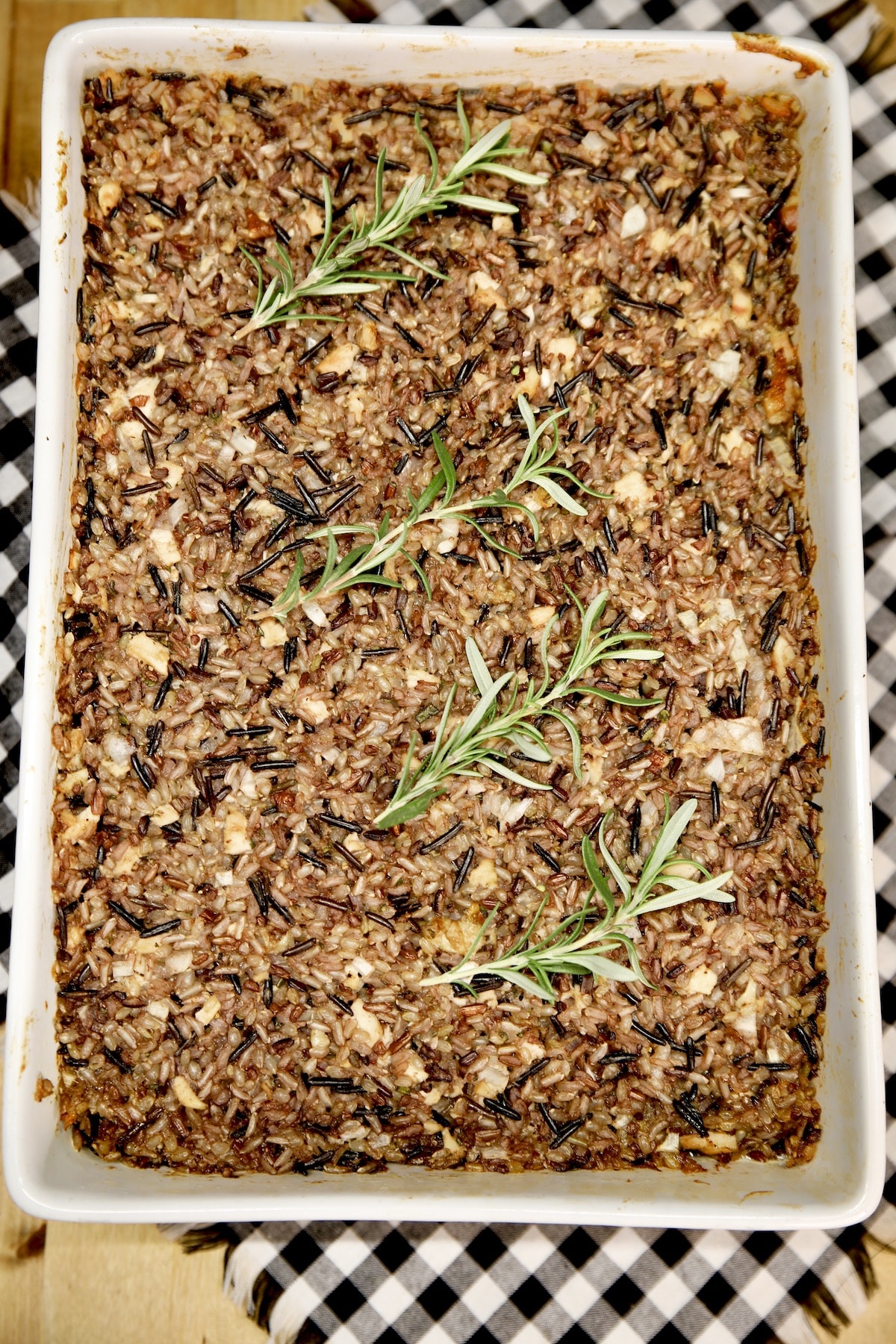 Pan of baked wild rice and cornbread stuffing.