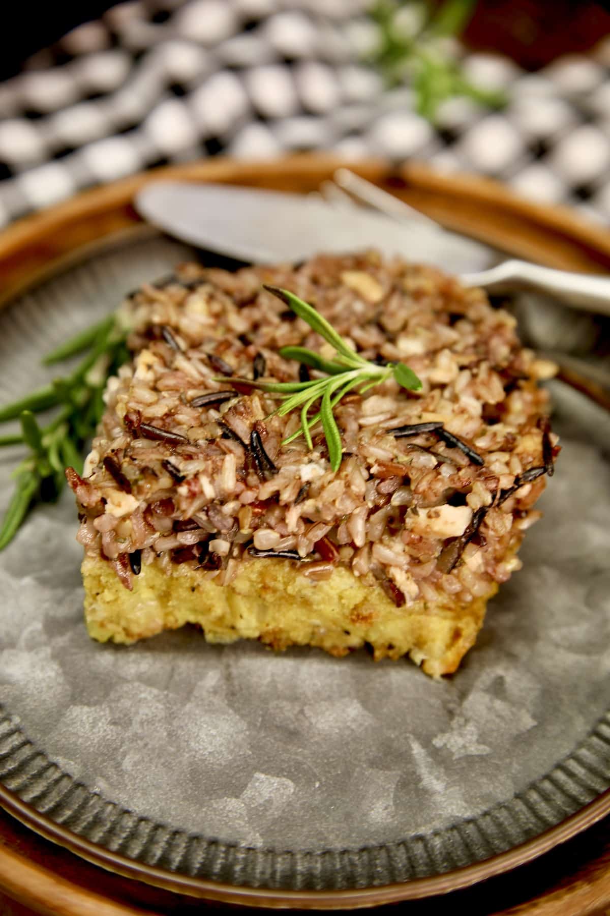 Cornbread and Wild Rice Dressing on a plate.