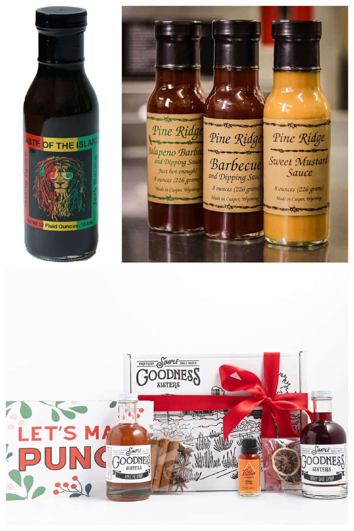 Foodie gift guide with sauces and drink syrups.