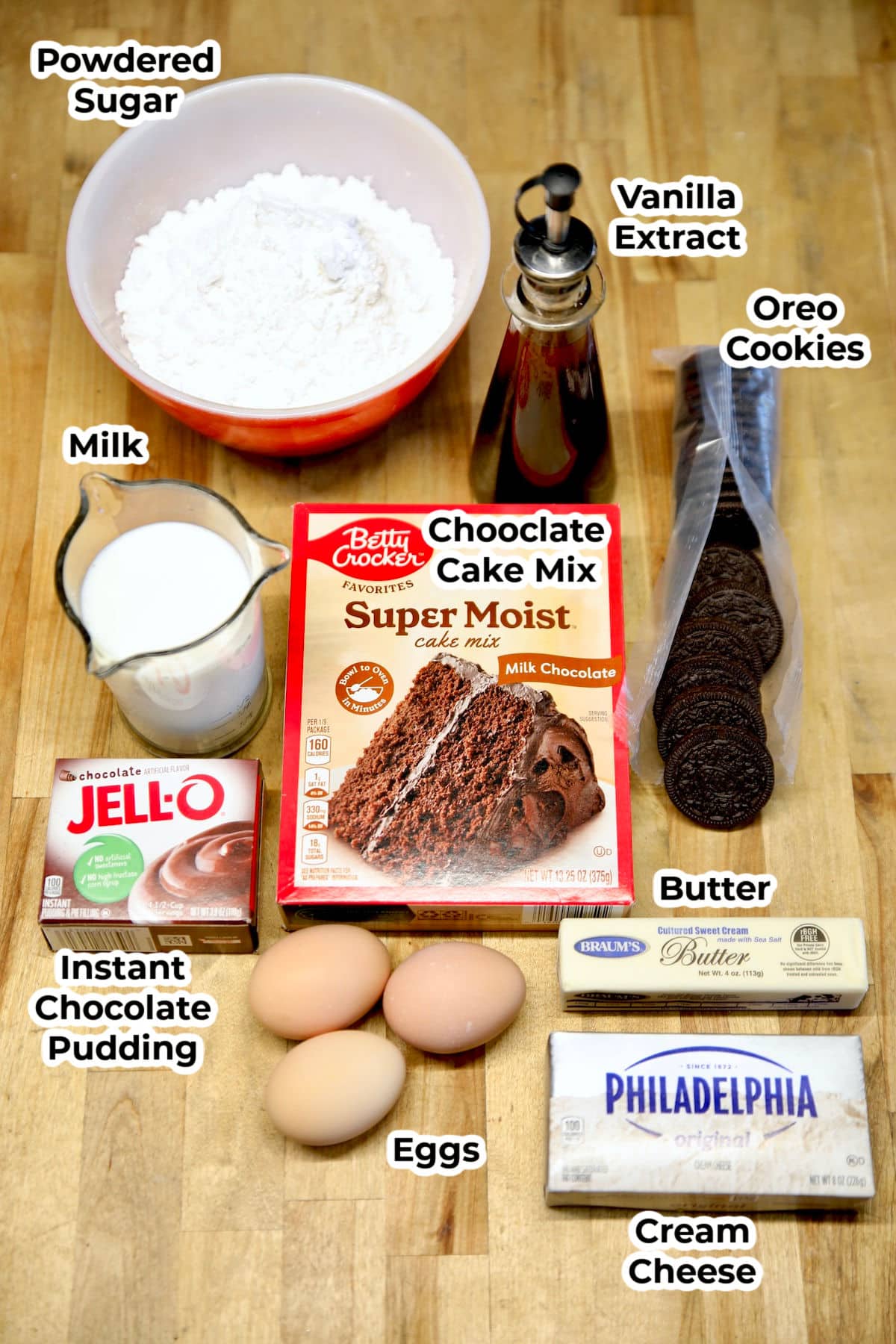 Ingredients for Oreo Sheet Cake. 