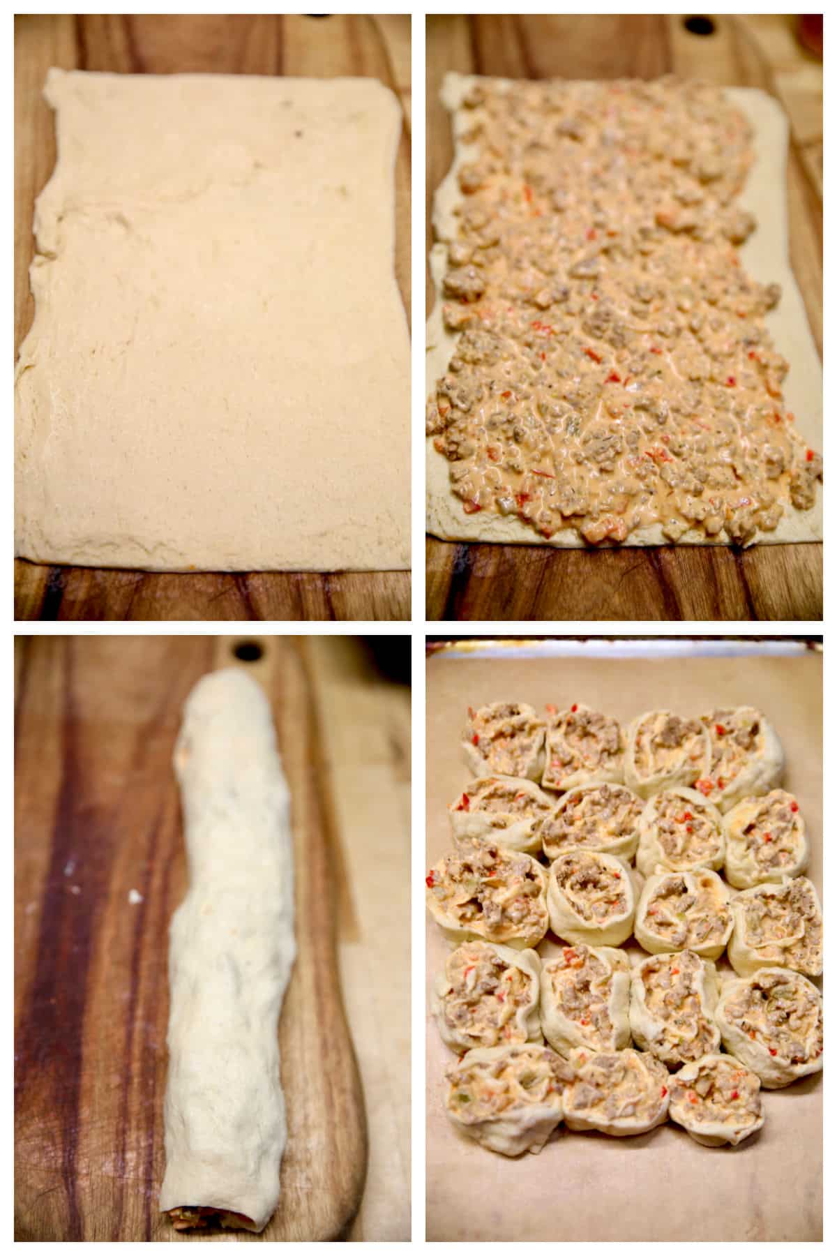 Filling crescent dough with sausage cream cheese mixture and making pinwheels.