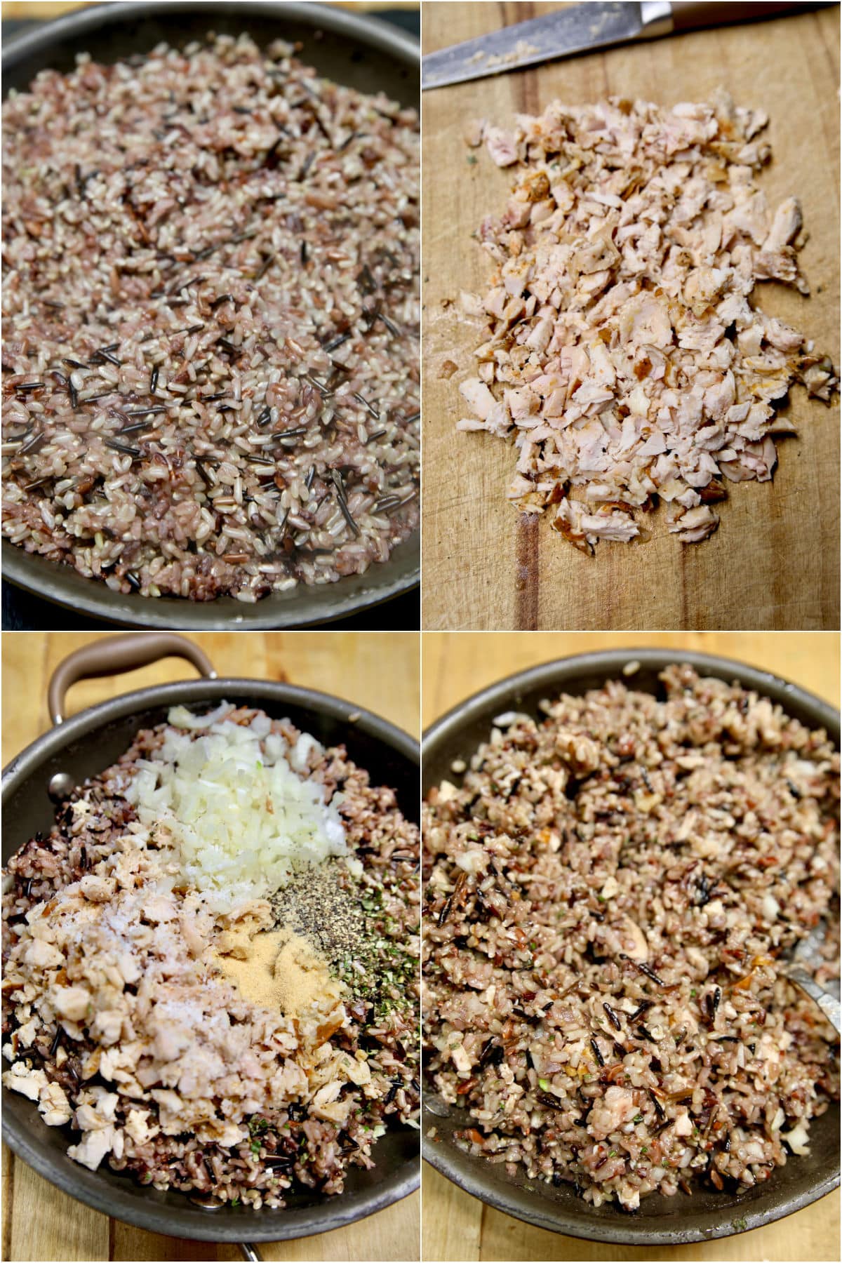 Collage: wild rice, chopped chicken, mixed with onions and spices.