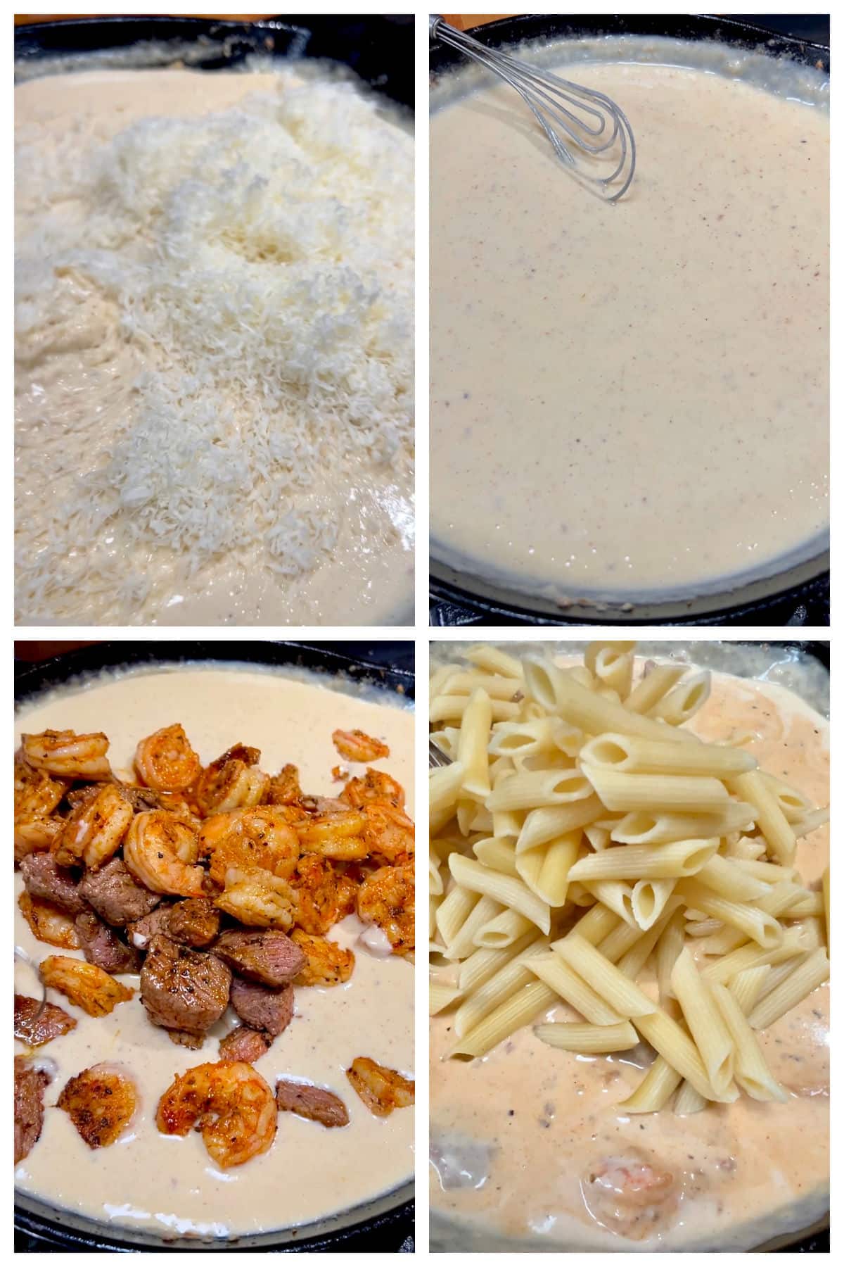Collage making alfredo sauce with steak, shrimp and pasta.