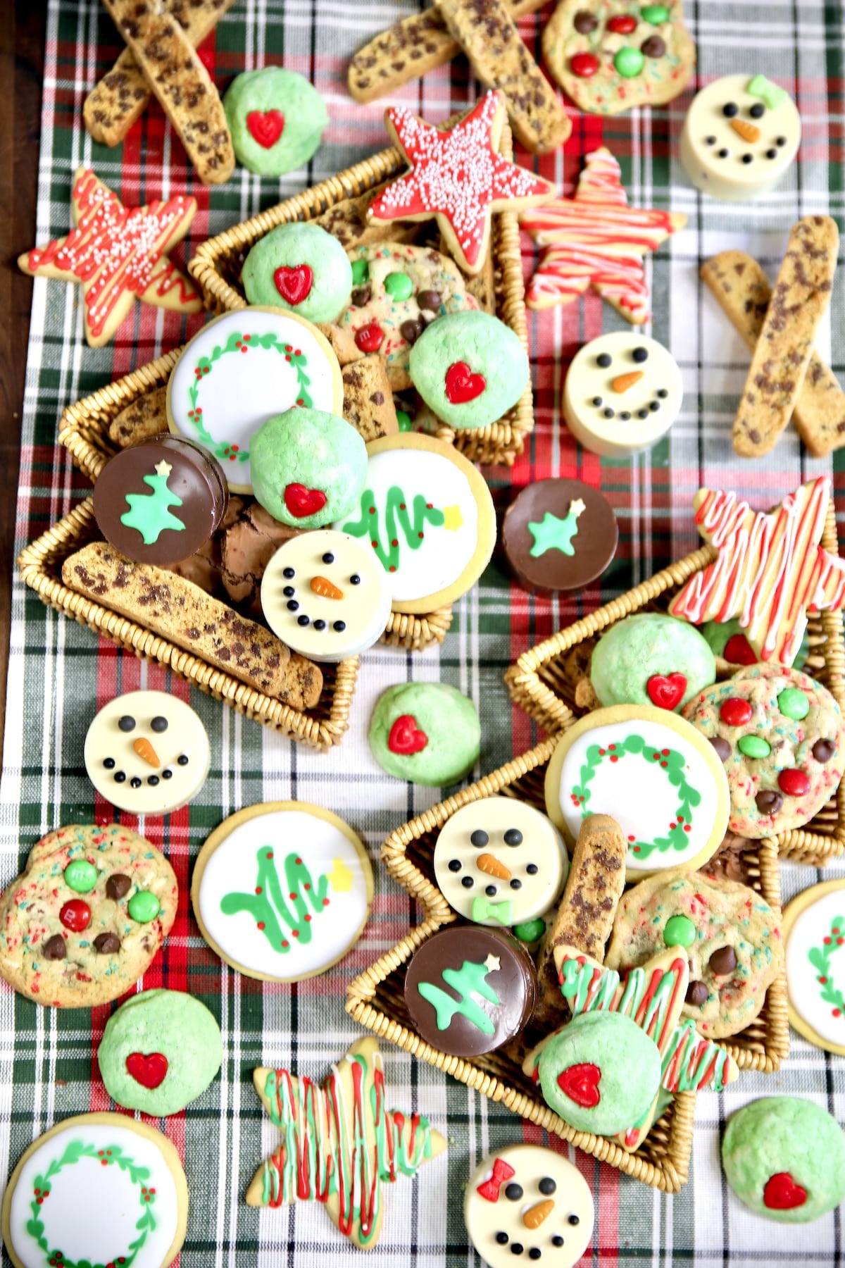 Christmas Cookies on a plaid table cloth.