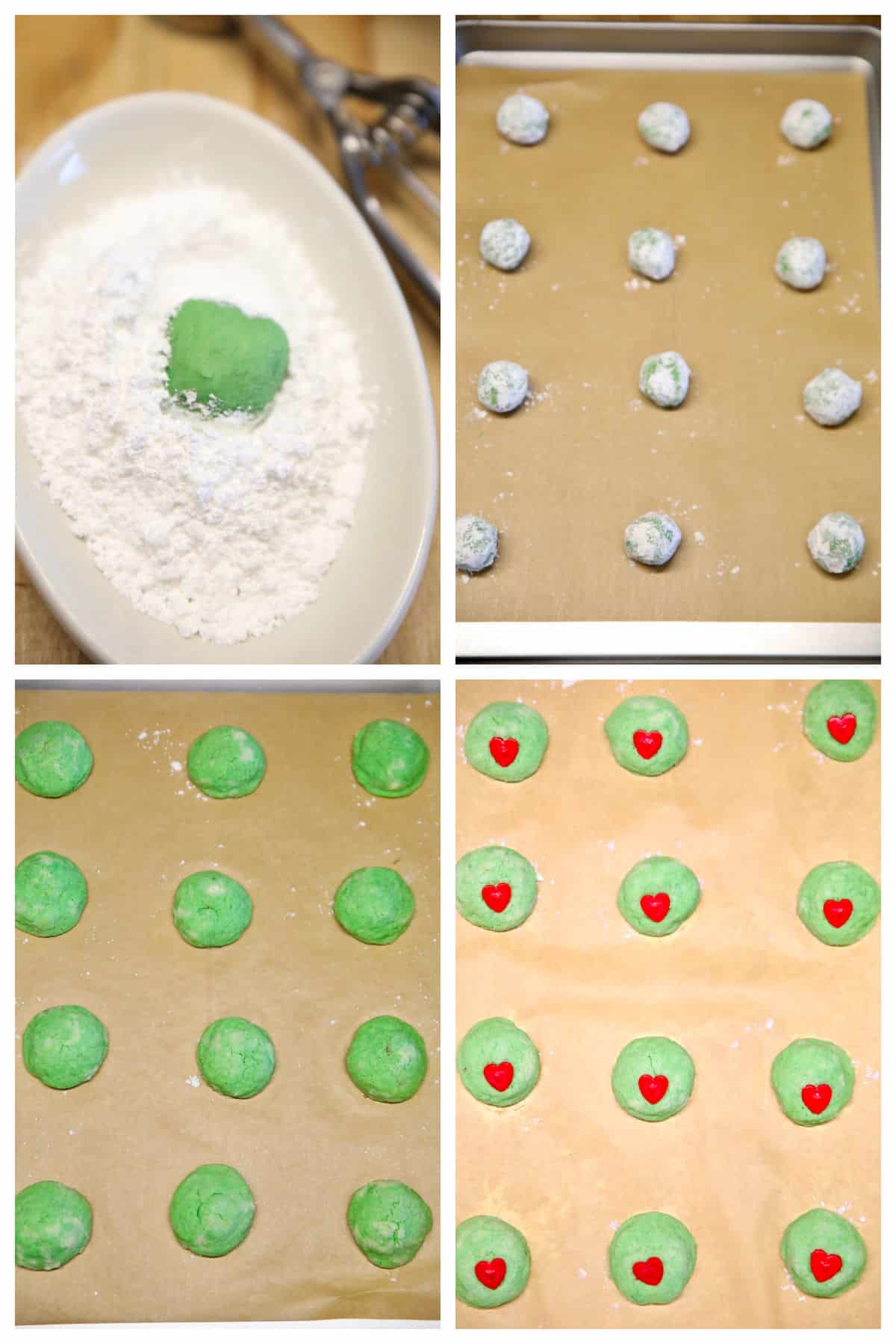 Collage rolling green cookie dough in powdered sugar, baking, adding candy hearts.