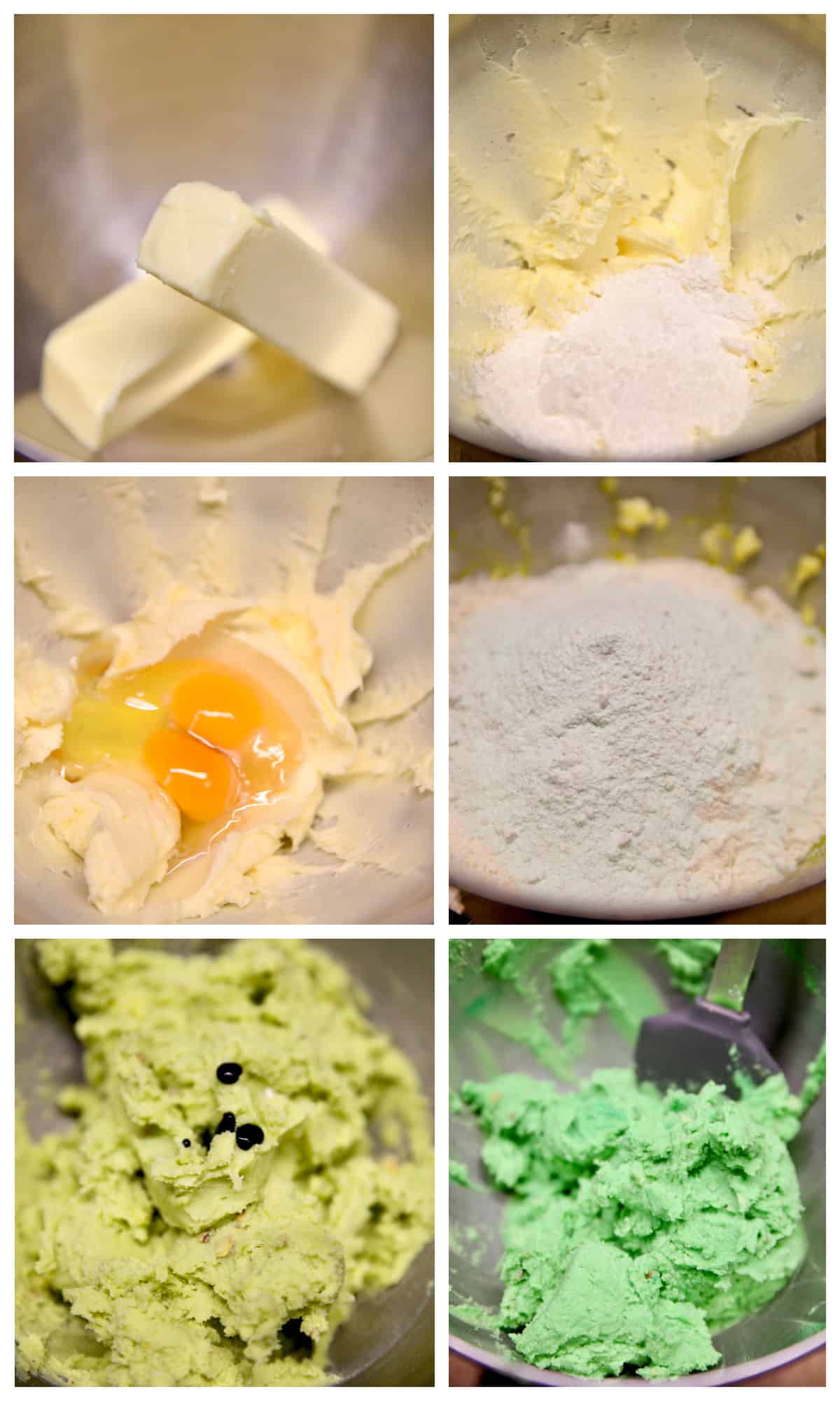 Collage mixing pistachio pudding cookies dough.