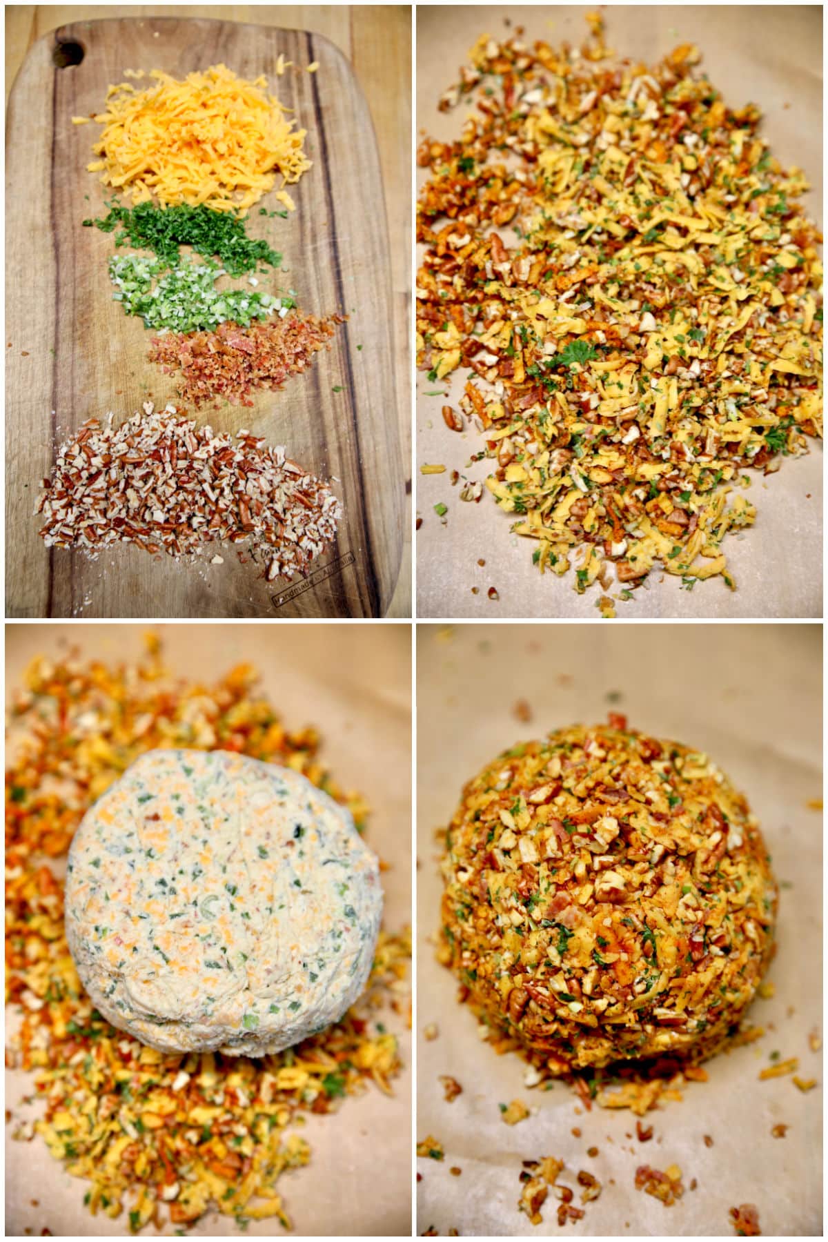 Collage: coating cheese ball with bacon, cheese, pecans and herbs.