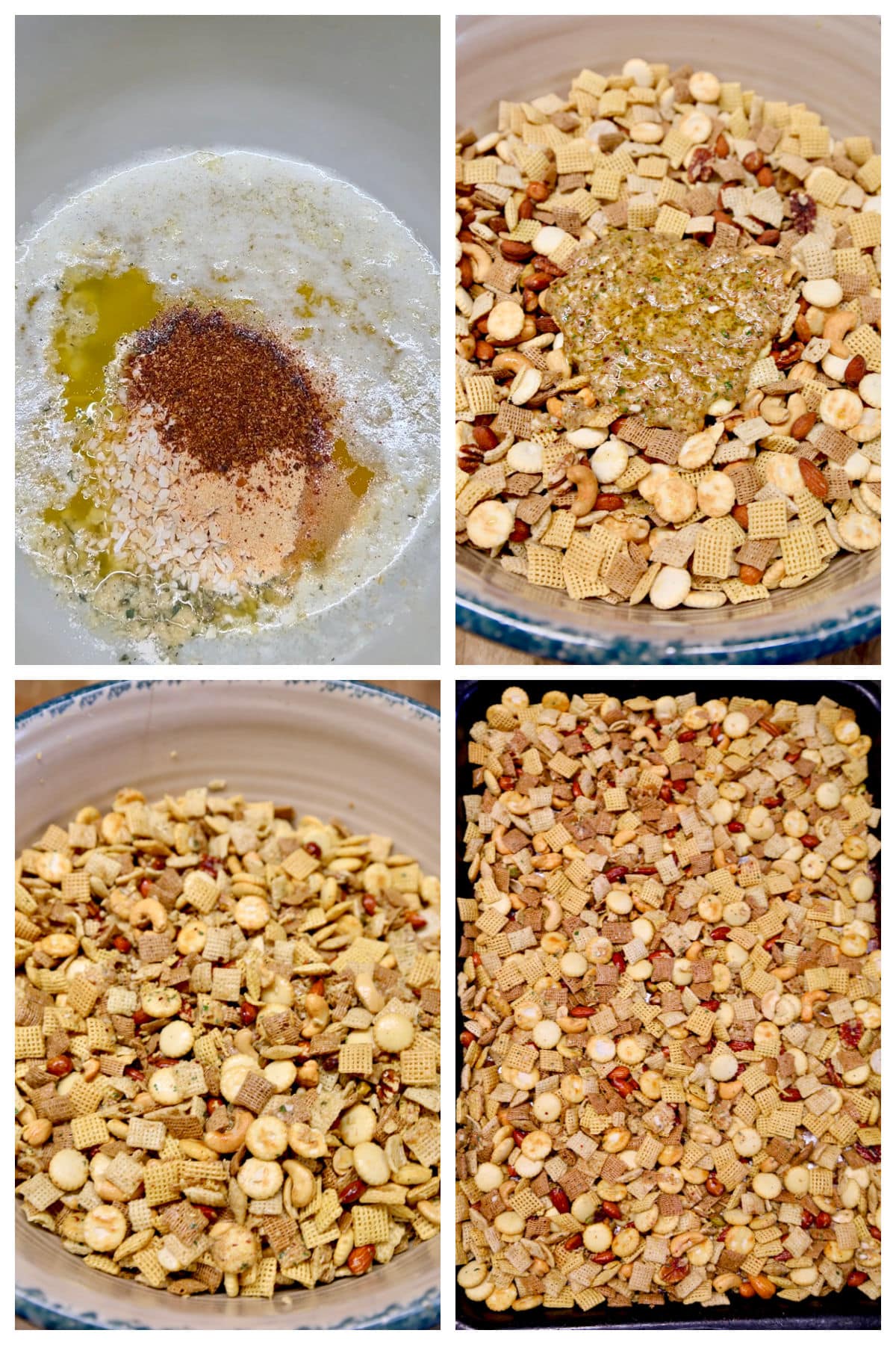 Collage making spicy chex mix in a bowl with butter, seasonings and spices.